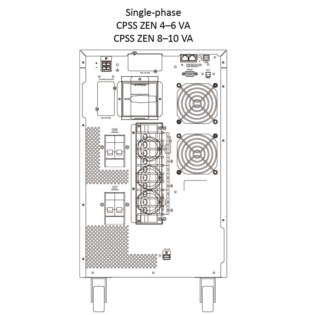 Technical rear panel diagram of Ablerex CPSS ZEN single-phase UPS 4-6 kVA and 8-10 kVA with fans, circuit breakers and connections